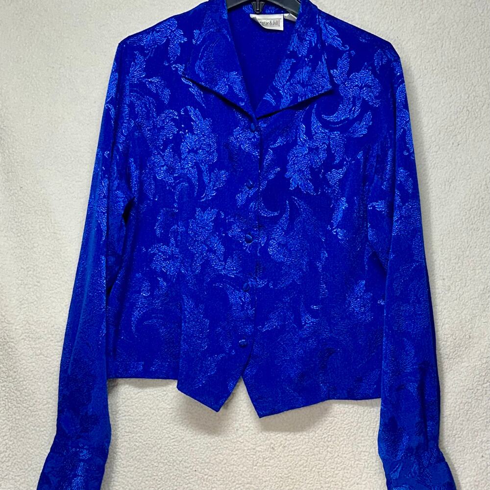 Vintage Christie & Jill Blue Jacquard Button Front Blouse Size 12 - Picture 2 of 8